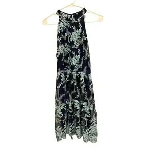 - Miami Navy Blue Embroidered Halter Midi Floral Dress Size M, Pre-Owned EUC